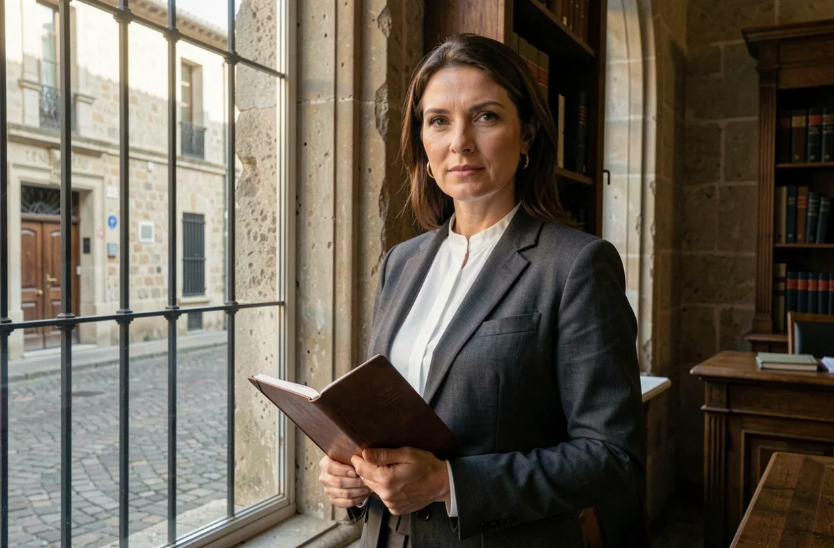 Maître Myriam Touzani, avocate au barreau d'Avignon, dans un cabinet historique avec fenêtre à grille en fer forgé