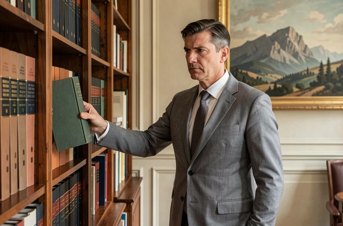 Maître Nicolas Pepin, avocat au barreau d'Aix-en-Provence, consultant un ouvrage juridique dans une bibliothèque classique