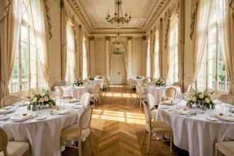 Vue panoramique d'une somptueuse salle de réception dans les Yvelines, avec tables dressées et décoration florale élégante