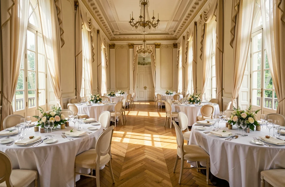 Vue panoramique d'une somptueuse salle de réception dans les Yvelines, avec tables dressées et décoration florale élégante