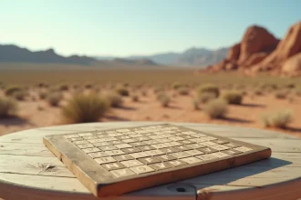 Grille de mots fléchés en bois posée sur une table dans un paysage désertique du Nevada avec formations rocheuses en arrière-plan