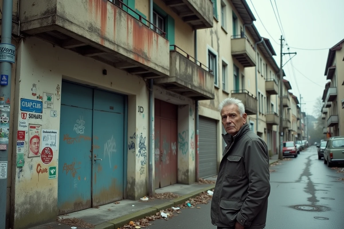 Coin de rue dégradé à Mulhouse avec immeuble en béton tagué et homme en veste de travail, illustrant la délinquance urbaine dans la ville la plus dangereuse de France