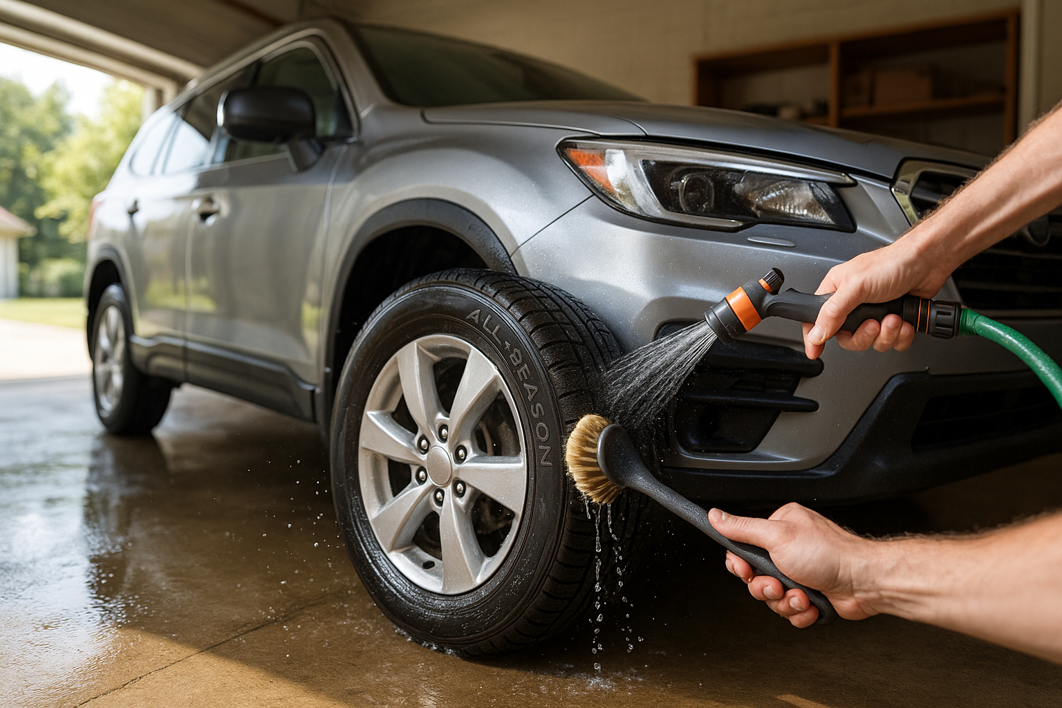 SUV en nettoyage avec brosse et eau dans un garage résidentiel
