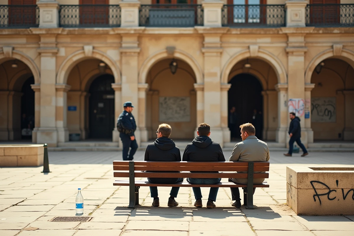 Place publique de Nîmes près des arènes romaines avec groupe d'hommes et policier en patrouille, illustrant la délinquance persistante dans le sud