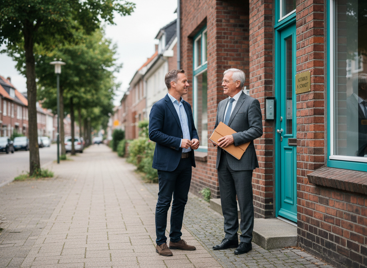 Notaire discutant avec un résident devant son bureau de quartier