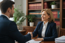 Notaire souriante serrant la main d'un jeune couple dans son bureau
