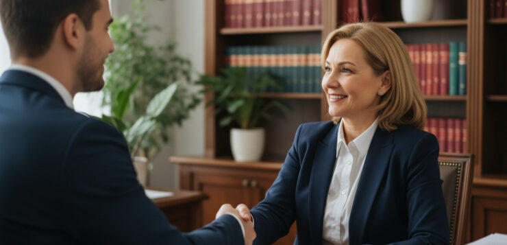 Notaire souriante serrant la main d'un jeune couple dans son bureau