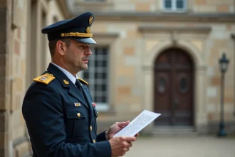 Officier de l'armée de terre en uniforme examinant sa grille indiciaire dans une cour de caserne française