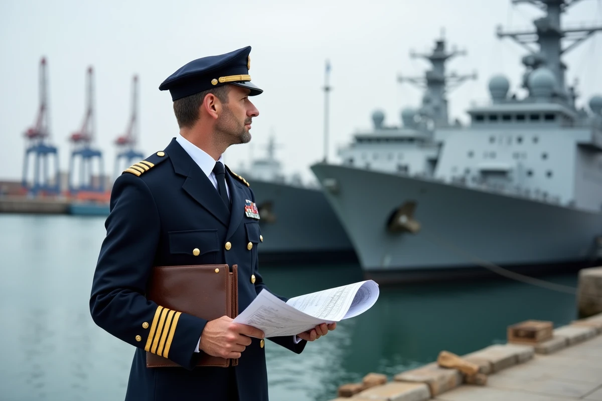 Officier de la Marine nationale française en uniforme sur le quai de la base de Toulon