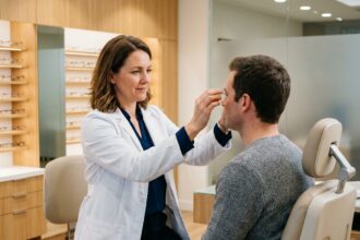 Opticienne ajustant des lunettes sur un client dans une boutique optique moderne et lumineuse