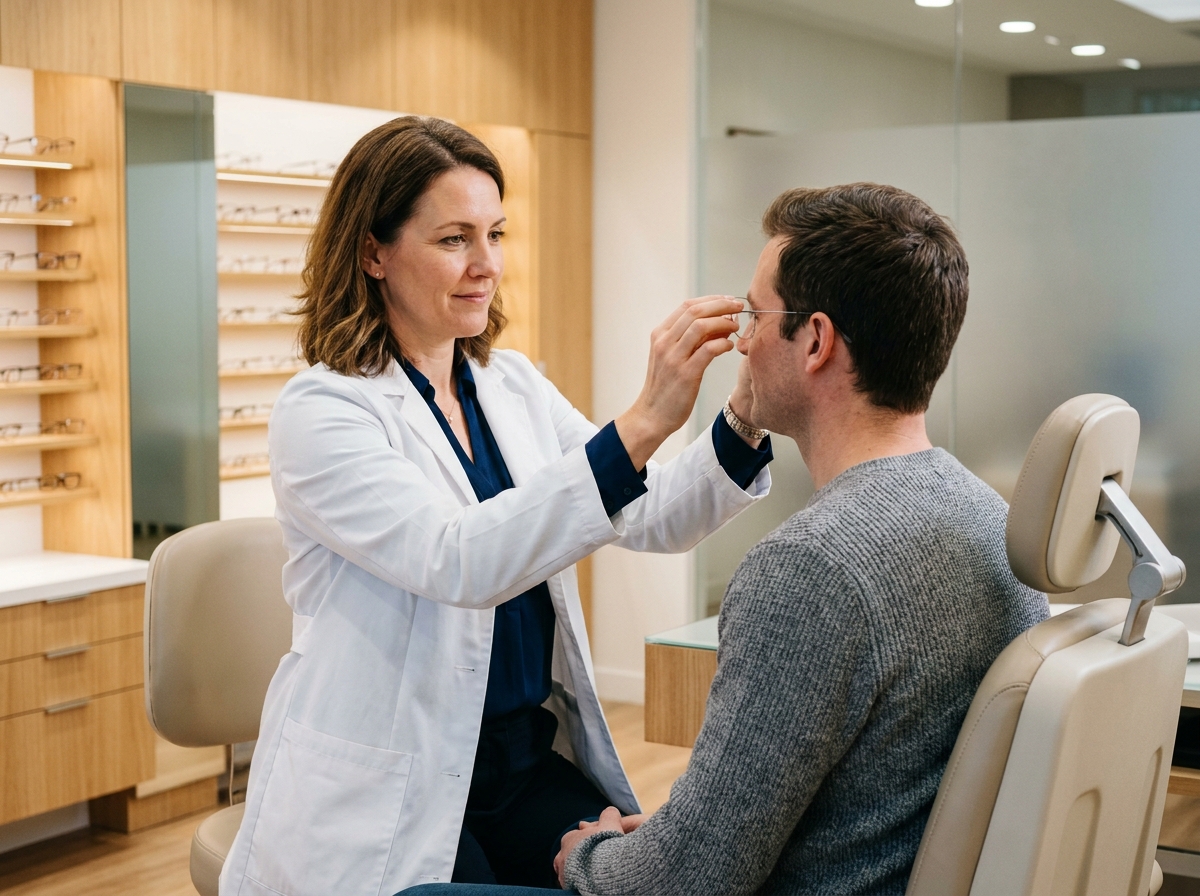 Opticienne ajustant des lunettes sur un client dans une boutique optique moderne et lumineuse