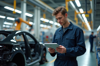 Jeune ouvrier inspectant un chassis de voiture électrique en usine