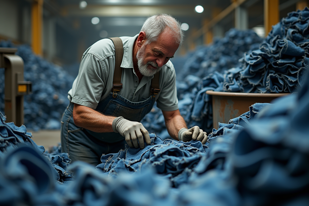 Ouvrier triant des morceaux de denim dans une usine textile