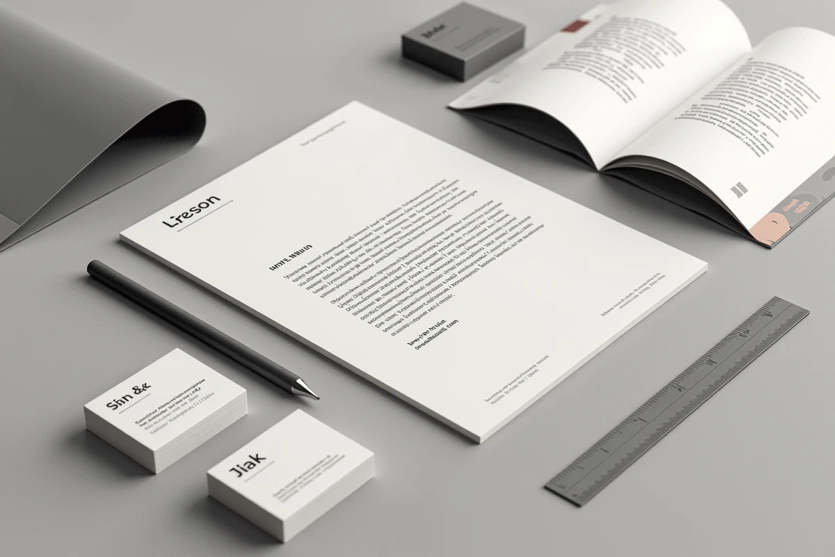 Papeterie de marque présentant des typographies serif et sans-serif sur fond béton, identité visuelle professionnelle