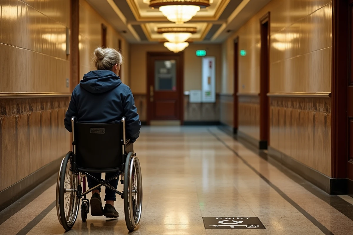 Femme en fauteuil roulant suivant le parcours PMR accessible dans le couloir du Grand Rex