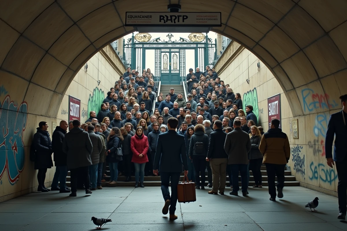 Entrée de station de métro parisienne bondée avec graffitis et agent de sécurité, illustrant le volume brut de délinquance à Paris malgré un taux relatif modéré