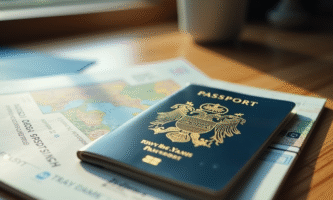 Passeport européen usé sur un bureau en lumière naturelle