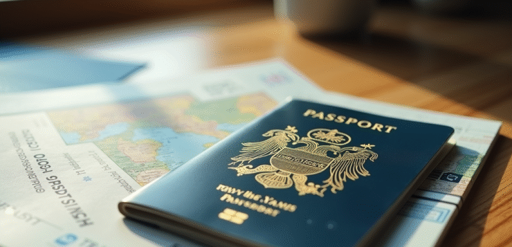 Passeport européen usé sur un bureau en lumière naturelle