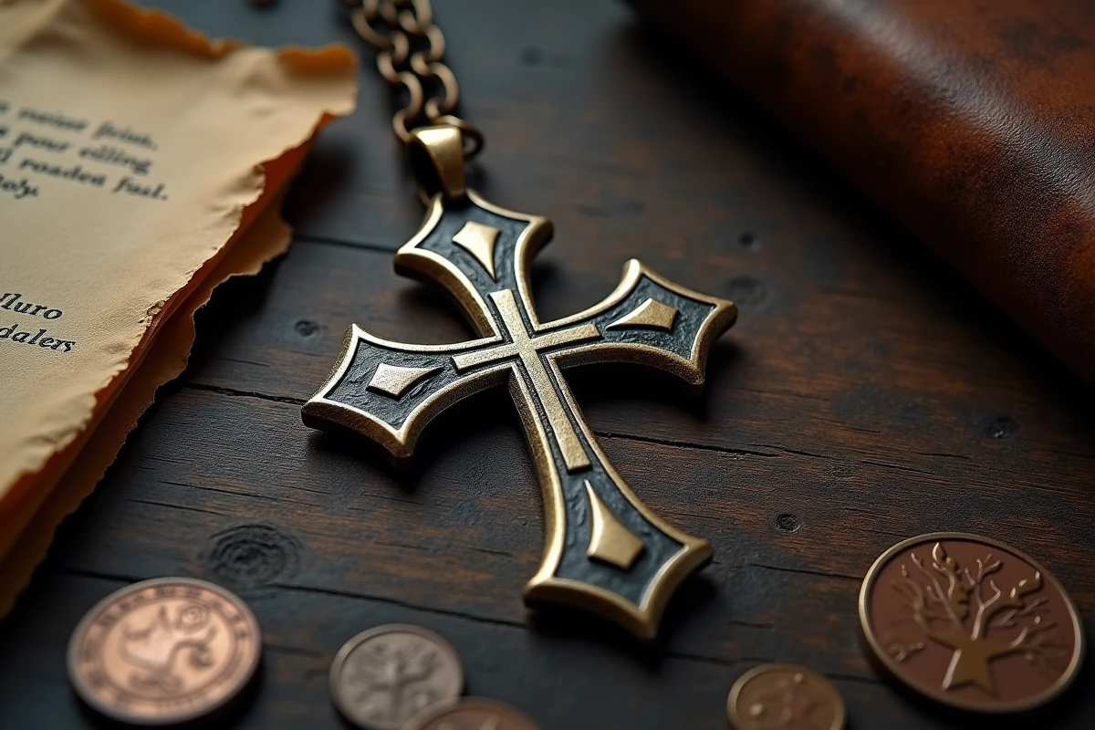 Pendentif croix des Templiers en bronze ancien posé sur une table en bois avec des pièces de monnaie et un journal médiéval