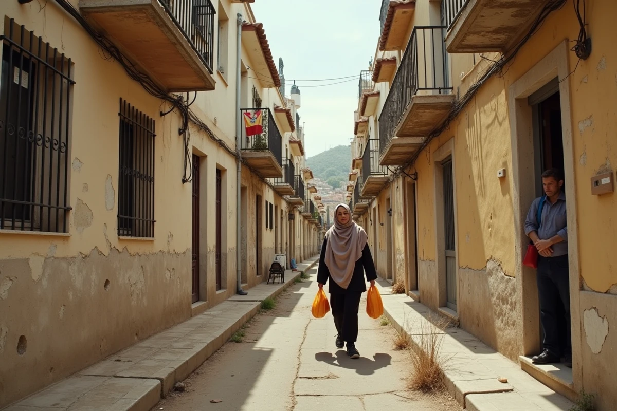 Rue résidentielle dégradée de Perpignan avec HLM aux barreaux et femme pressant le pas, illustrant la précarité et les atteintes aux personnes dans la ville