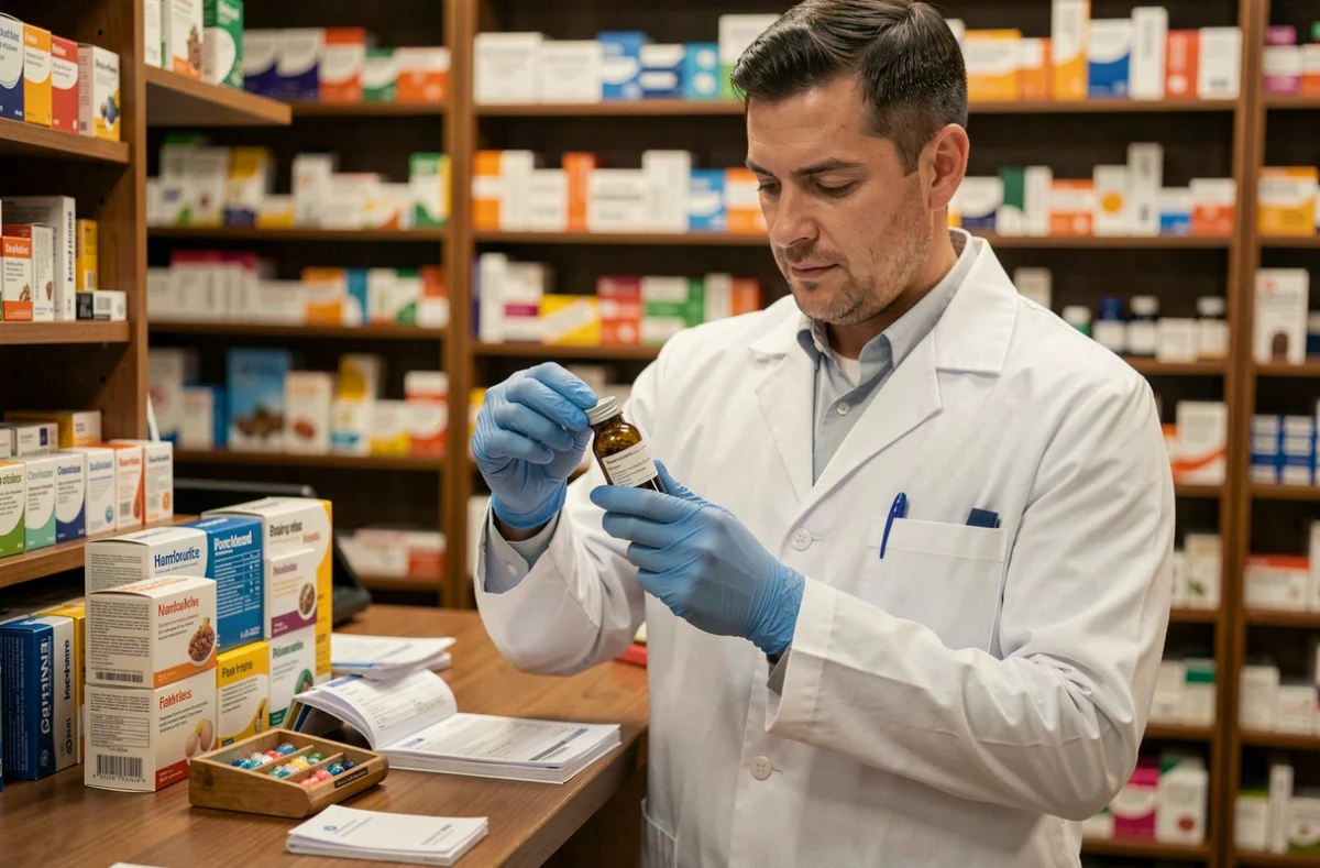 Pharmacien en blouse blanche examinant un flacon de médicament derrière le comptoir d'une officine dans ARC Raiders