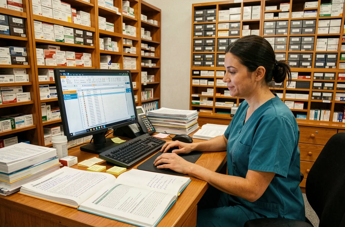 Pharmacienne consultante assise à son bureau avec des manuels pharmaceutiques et un écran d'ordinateur dans une officine