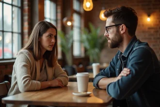 Deux personnes en conversation tendue dans un café, illustrant les pièges de communication dans les échanges du quotidien