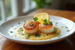 Assiette de coquilles Saint-Jacques en sauce Normandie avec persil