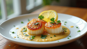 Assiette de coquilles Saint-Jacques en sauce Normandie avec persil