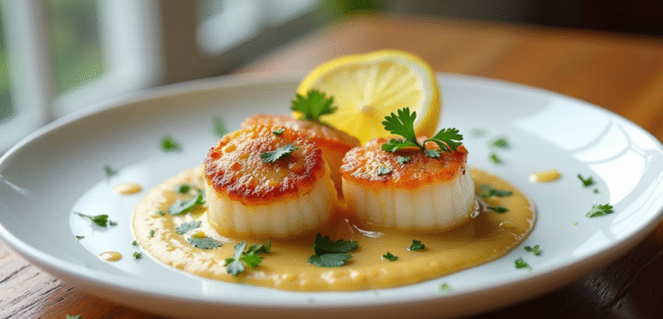 Assiette de coquilles Saint-Jacques en sauce Normandie avec persil