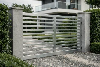 Portail moderne en tubes rectangulaires en aluminium installé devant une maison contemporaine avec allée en gravier