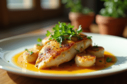 Poulet avec sauce vin jaune dorée et garniture de persil