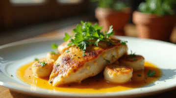 Poulet avec sauce vin jaune dorée et garniture de persil