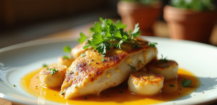 Poulet au vin jaune de Robuchon : tradition, astuces, accords Poulet avec sauce vin jaune dorée et garniture de persil