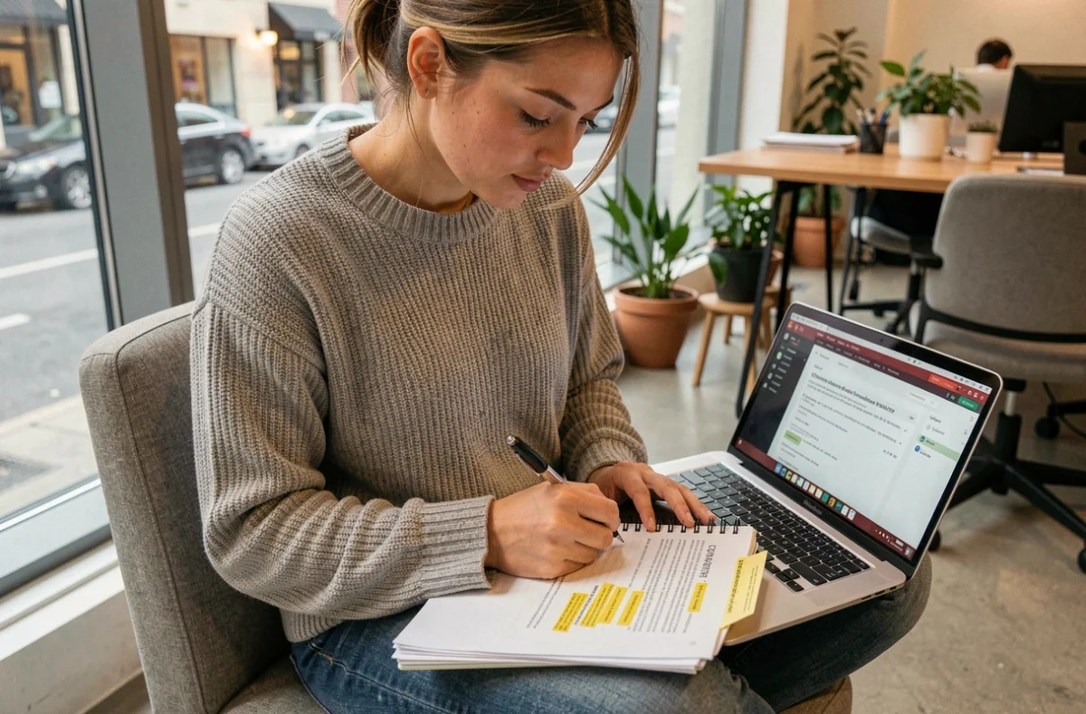 Jeune femme prenant des notes de citation depuis des archives numériques dans un espace de travail moderne et contemporain