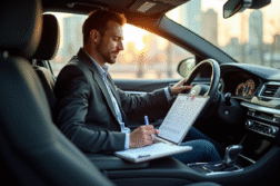 Professionnel en voiture travaillant avec son ordinateur en ville