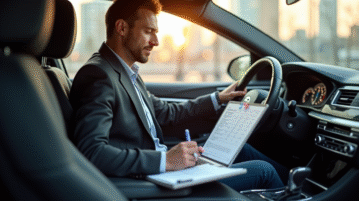 Professionnel en voiture travaillant avec son ordinateur en ville