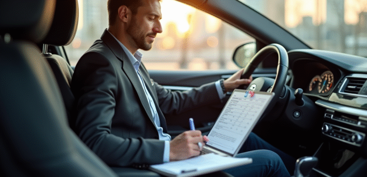 Professionnel en voiture travaillant avec son ordinateur en ville