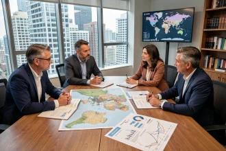 Groupe de professionnels analysant des cartes et données économiques mondiales dans un bureau géopolitique moderne