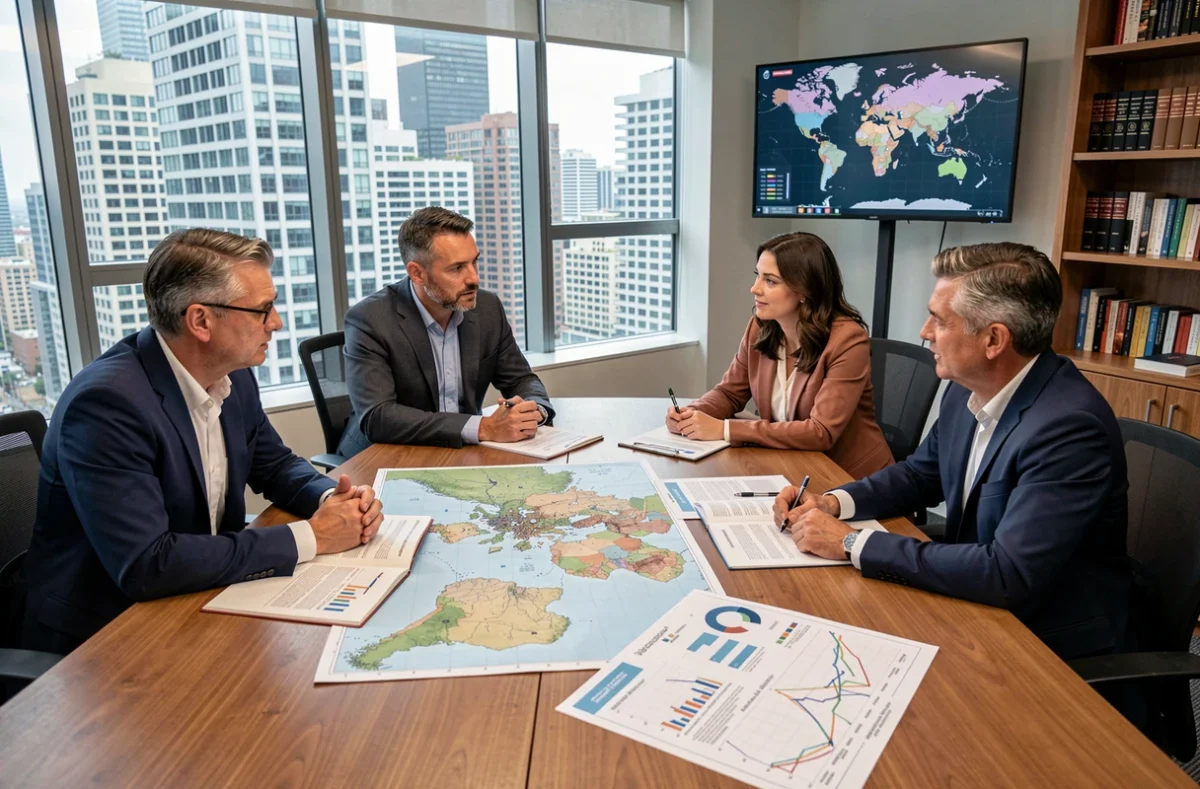 Groupe de professionnels analysant des cartes et données économiques mondiales dans un bureau géopolitique moderne