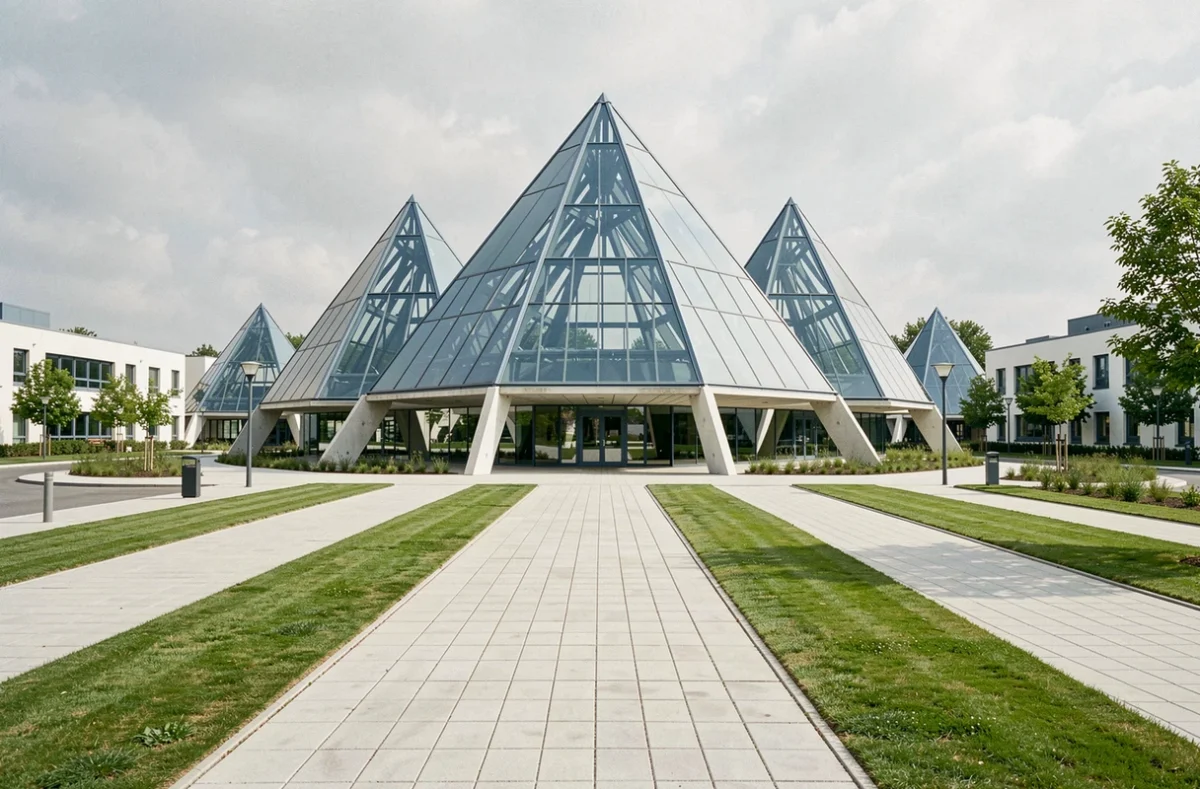 Les Pyramides, salle de réception aux toits en verre pyramidaux, architecture géométrique distinctive dans les Yvelines