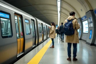 Quai de la ligne 14 du métro parisien avec voyageurs attendant le train automatique dans une station moderne