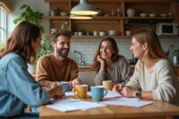 Quatre colocataires discutent autour d'une table dans une cuisine moderne