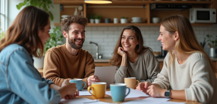Quatre colocataires discutent autour d'une table dans une cuisine moderne