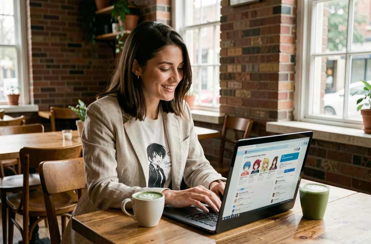 Jeune femme qui passe un quiz de personnalité pour trouver son anime husbando idéal dans un café avec un ordinateur portable