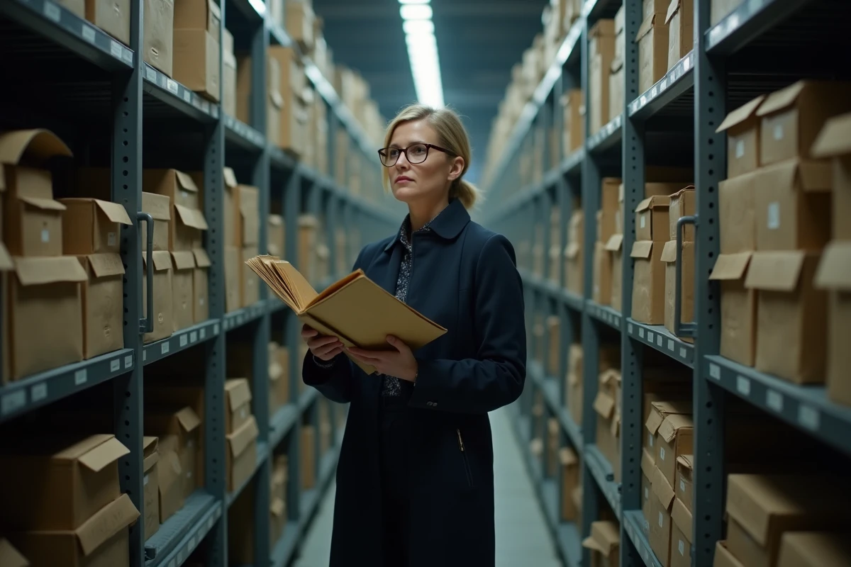 Chercheuse consultant des archives historiques dans une salle de conservation, illustrant le travail de contextualisation biographique