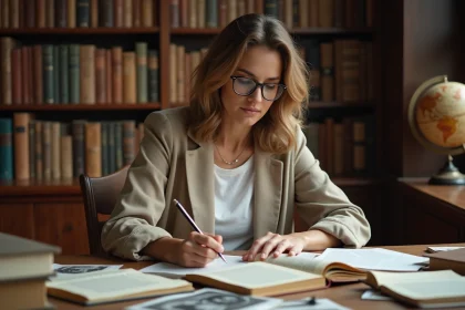 Femme assise à un bureau en bois entouré de livres et de photographies d'archives, évoquant le travail de recherche biographique de Rachel Garrat-Valcarcel