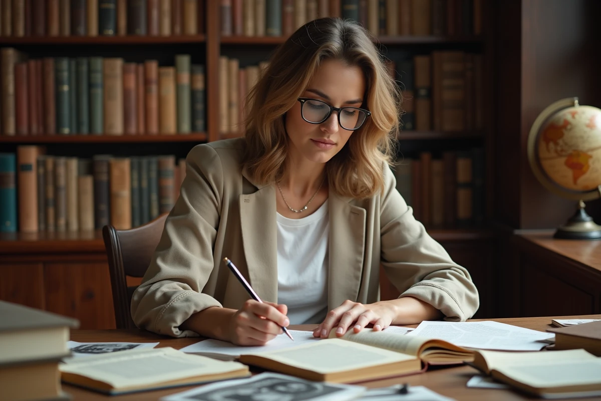 Femme assise à un bureau en bois entouré de livres et de photographies d'archives, évoquant le travail de recherche biographique de Rachel Garrat-Valcarcel