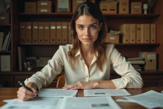 Femme consultant des documents d'archives sur la date de naissance cachée de Laurène Godey dans un bureau de recherche