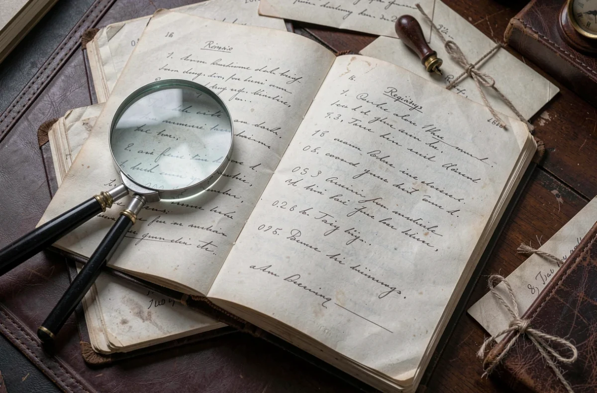 Registre d'état civil ancien ouvert avec loupe et documents historiques, mystère autour d'une date de naissance